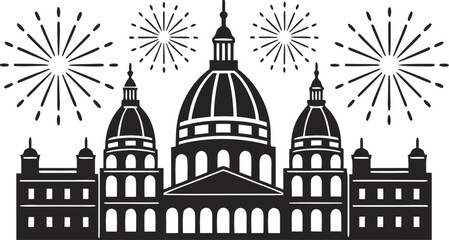 Stylized Capitol Building Silhouette with Fireworks Display government architecture
