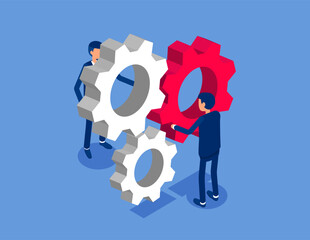 The business team with gear. Flat isometric vector concept