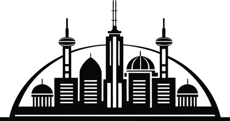 Stylized Silhouette of a Modern City Skyline with Iconic Towers and Domes architecture