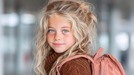 Portrait of a beautiful young girl with blonde curly hair and blue eyes smiling sweetly at the camera outdoor.