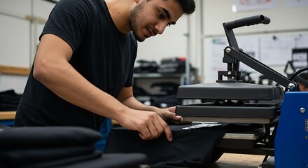 Focused Young Man Carefully Prepares a Black T-Shirt for Heat Press Printing