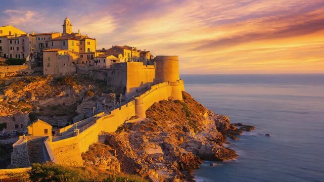 Golden sunset illuminates the citadel of calvi, a stunning fortified town perched on a rocky promontory overlooking the mediterranean sea in corsica, france, creating a magical atmosphere