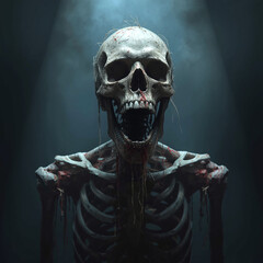 AI image of a haunting skeleton with remnants of flesh and meat still clinging to its bony frame, exuding a frightening and eerie presence, set against a dark and ominous backdrop