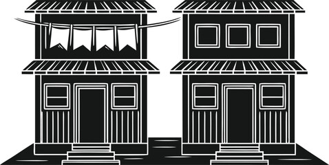 Two Black Silhouette Houses with Bunting and Windows homes buildings