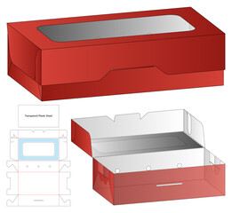 Red Cardboard Box with Clear Plastic Window  3D Mockup and DieCut Template