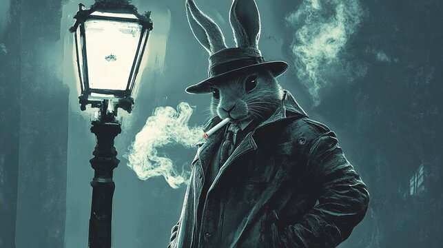 Mafia rabbit character in noir style, trench coat and hat, smoke curling from a cigarette, standing under a streetlamp.