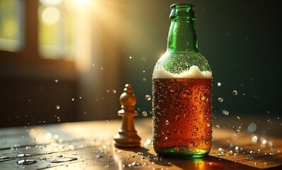A green glass bottle of beer, condensation clinging, sits on a wooden table beside a chess pawn.  Sunlight streams in, highlighting water droplets. A moment of leisure and strategy.