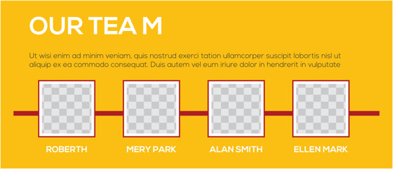 Business presentation slide introducing the team with placeholders for photos and names of members