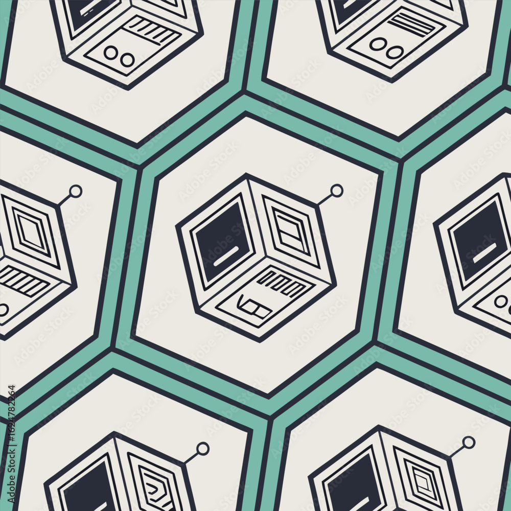 Poster seamless geometric pattern featuring interlocking shapes and lines with a vibrant cmyk color palette