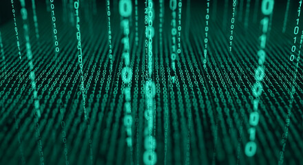 Abstract digital background with teal binary code flowing downwards, creating a sense of data stream or technological process