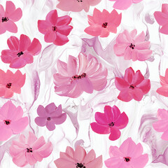 Seamless pattern of abstract pink flowers, original hand drawn, impressionism style, color texture, brush strokes of paint, art background