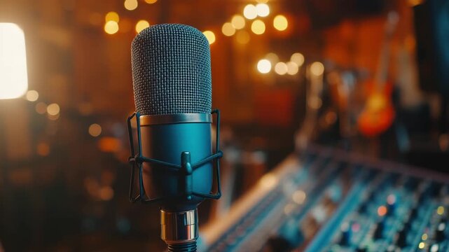Studio microphone recording equipment sound mixer music production audio technology professional condenser microphone close up blurred background warm lighting cozy atmosphere for vocal recording
