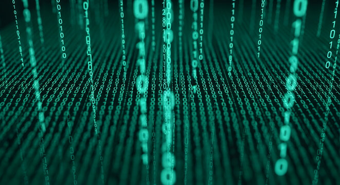 Abstract digital background with teal binary code flowing downwards, creating a sense of data stream or technological process