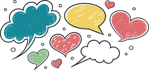 Colorful hand drawn hearts and speech bubbles isolated on transparent background