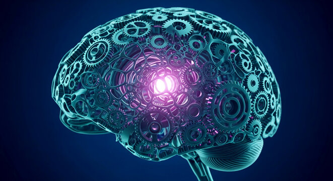 Teal brain model with intricate gear system, glowing core, symbolizes intellect, complex thought processes, innovation, and technological advancement