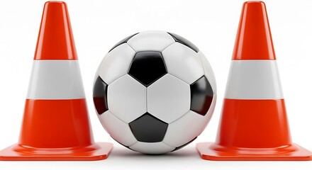 Soccer ball between two orange and white traffic cones on a white background