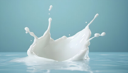 Elegant spiral splash of white milk rising from a calm surface against a soft blue background. Perfect for dairy branding, health food concepts