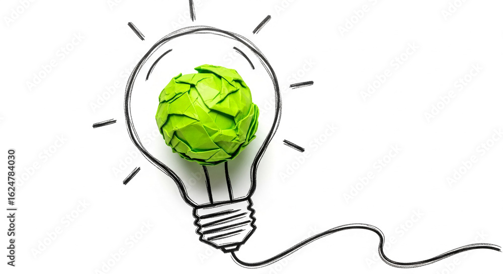 Aufkleber green crumpled paper ball inside drawn lightbulb, symbolizing innovative idea, creativity, and probl