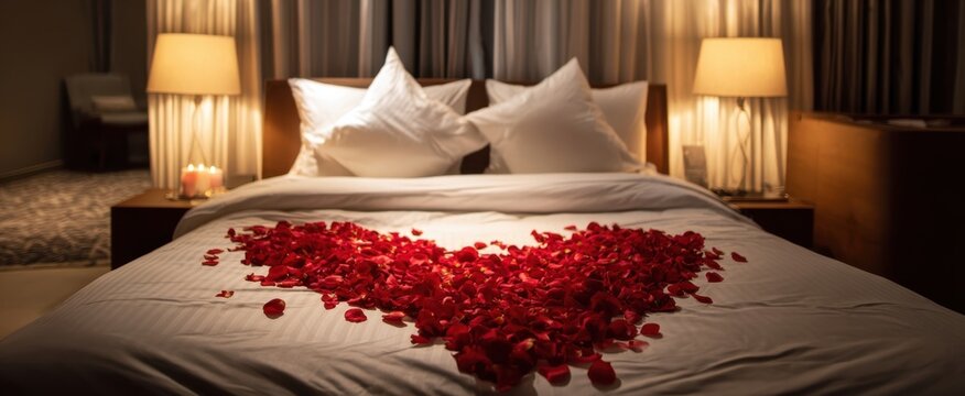 The romantic heart of rose petals adorning a beautifully arranged hotel bed.