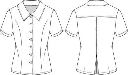 CAD drawing flat vector illustration of women's short sleeve fitted blouse with buttons, front and back view, fashion technical sketch