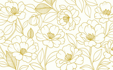 golden bloom sketch on plain backdrop vector. graceful botanical flowers with fine gold outline. elegant design for interior, mural, print, label, wrap, invite, branding, banner © genioatrapado