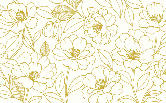 golden bloom sketch on plain backdrop vector. graceful botanical flowers with fine gold outline. elegant design for interior, mural, print, label, wrap, invite, branding, banner