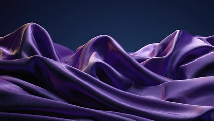 Fototapeta premium A close-up of the edge of purple silk fabric, which is folded and placed on top of each other in front of a dark blue background. The material has smooth folds that give it an elegant appearance. 