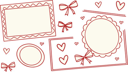 Hand drawn red frames hearts and bows decorative elements isolated on transparent background