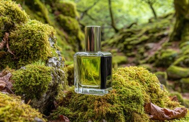 In a peaceful daytime environment, moss-covered rocks support a green glass bottle in a natural setting
