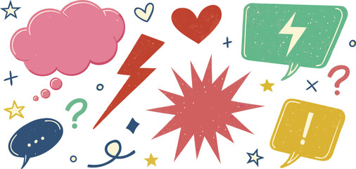 Collection of colorful comic style speech bubbles and symbols isolated on transparent background