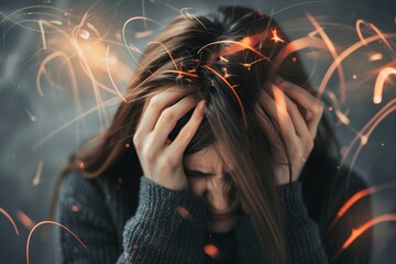 Woman holding head in frustration, hair strands falling, stress and hair fall link concept, faceless, soft lighting.