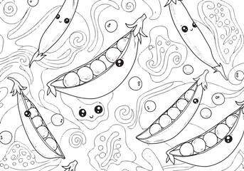 Playful snow peas seamless pattern with kawaii faces for colorin