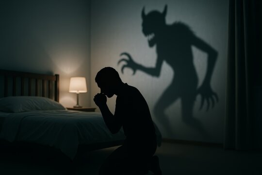 Terrified person kneels in bedroom; a frightening monstrous shadow looms. Nightmares manifest as chilling silhouettes in the dark. Depression