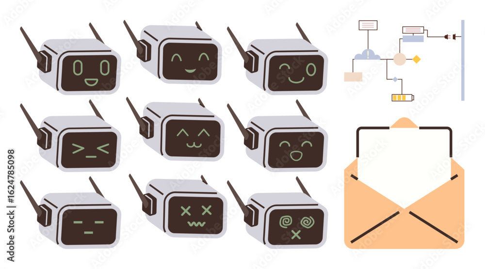 Poster nine robot heads express emotions visually, accompanied by an email envelope and a simplified flowch