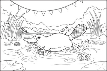 Obraz premium Delightful platypus swimming in a pond monochrome illustration f