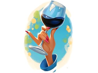 Manicured hand gripping wine glass, bright red nails contrasting sleek blue-white backdrop with soft bokeh lighting, highlighting elegant beverage moment