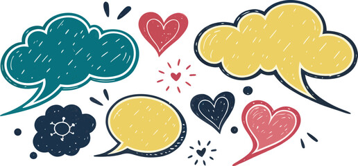 Colorful hand drawn speech bubbles and hearts isolated on transparent background