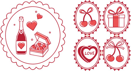 Valentine s day icons featuring champagne cherries and gifts isolated on transparent background