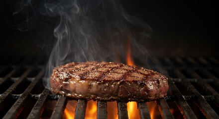 Gourmet Beef Patty Sizzling on a Fiery Grill with Rising Smoke