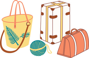 Collection of vintage luggage and a ball of yarn isolated on transparent background