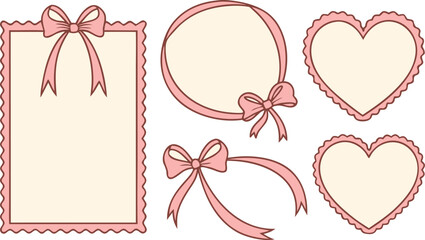 Pink bow and heart shaped frames with decorative borders isolated on transparent background