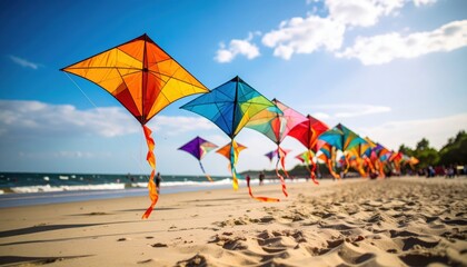 Colorful kites flying over a sandy beach with people enjoying the sunny day in the background