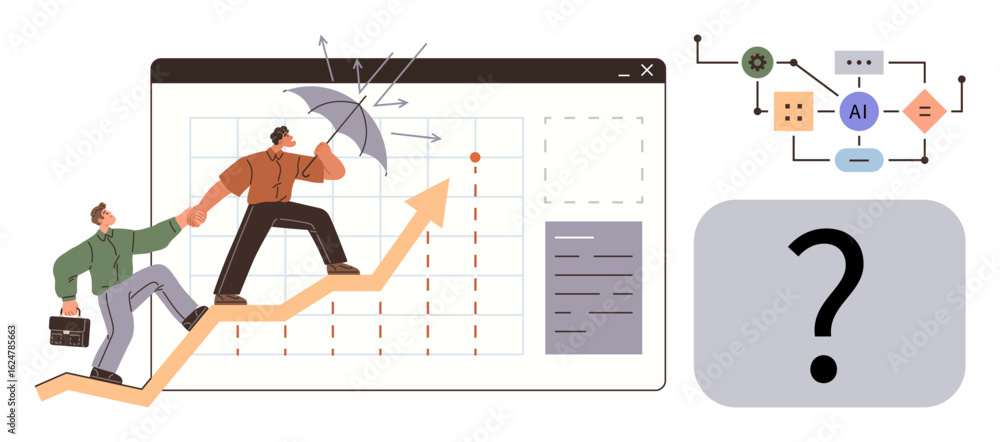 Poster professionals climbing upward arrow on analytics chart with shield, supported by ai process. ideal f