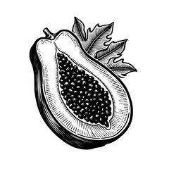 Black and white vector icon of papaya fruit, minimal tropical symbol for juice packaging, vegan product label, or healthy food app design
