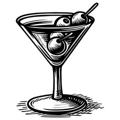 Black and white vector icon of martini glass with olives, minimal cocktail symbol for menu, bar signage, or drink app interface