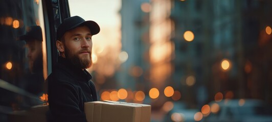 The Delivery Person Holding a Package Against a Backdrop of a Sunset Cityscape