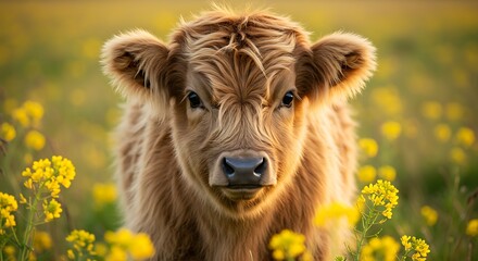 Highland Calf Portrait in Meadow of Yellow Flowers, Soft Light, Close-Up
