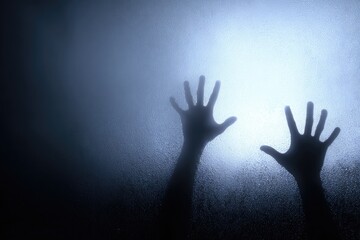 Hands reaching through frosted glass