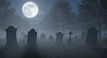 Graveyard with tombstones under a full moon at night in a foggy setting.
