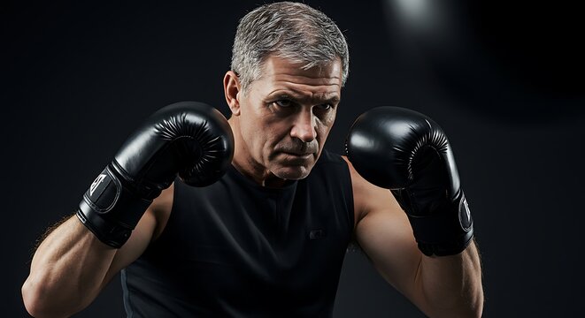 Intense Gaze of a Mature Boxer in a Dramatic, Low-Key Portrait